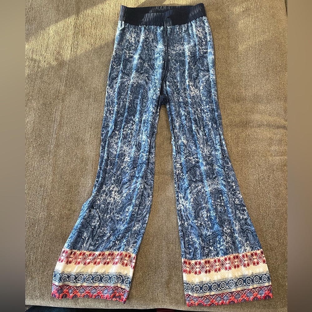 Blue Patterned Lightweight Flare Pants - image 1